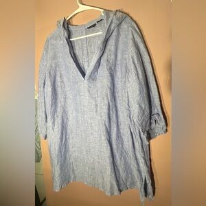 Tahari Women's 100% Linen Coastal Top Hooded 1X Long Sleeve Henley Blouse Shirt